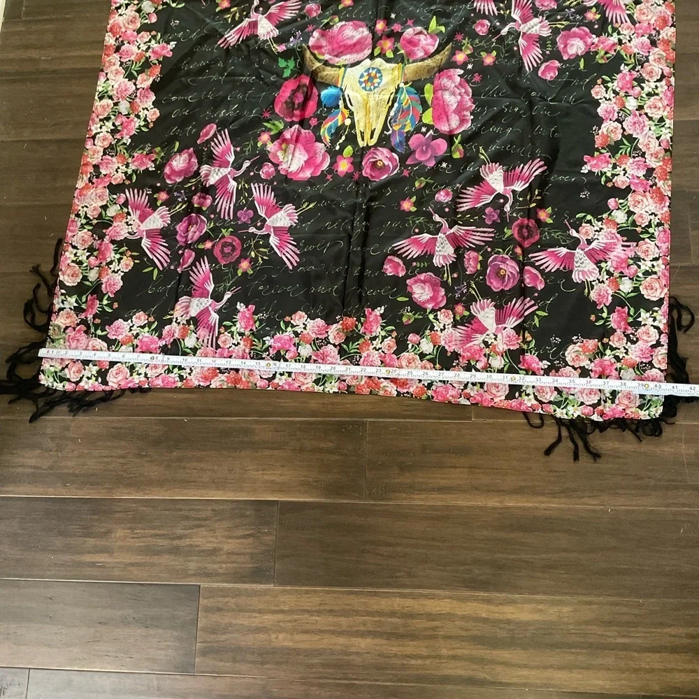 Johnny Was Large Floral Longhorn Skull Silk Scarf With Tassels